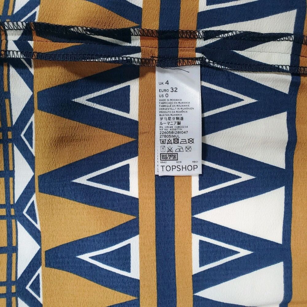 Topshop Women’s Pencil Skirt Size 0 Blue Brown Aztec Print Front Split Midi - Picture 10 of 11